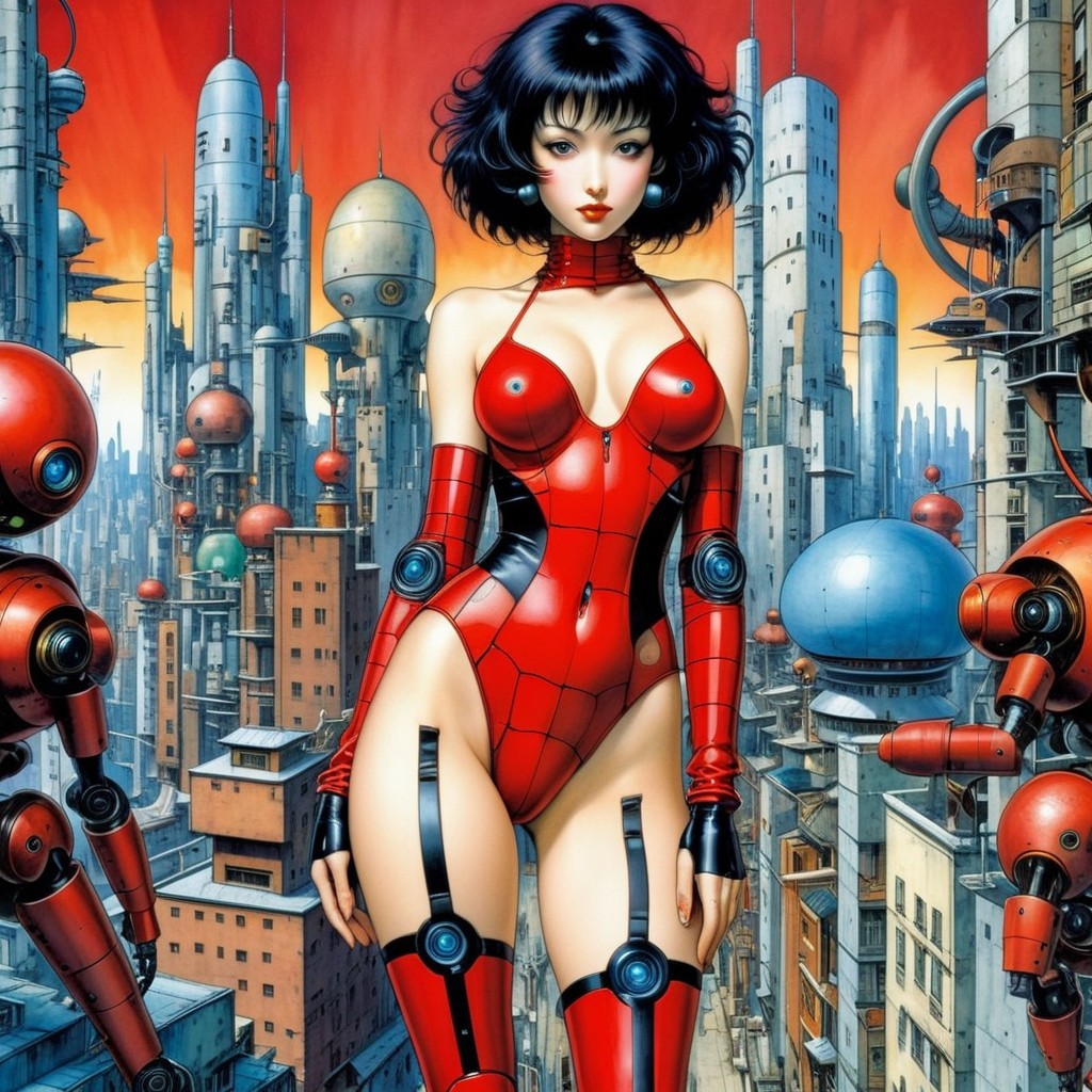 Futuristic Urban Scene with Female Figure in Red Bodysuit