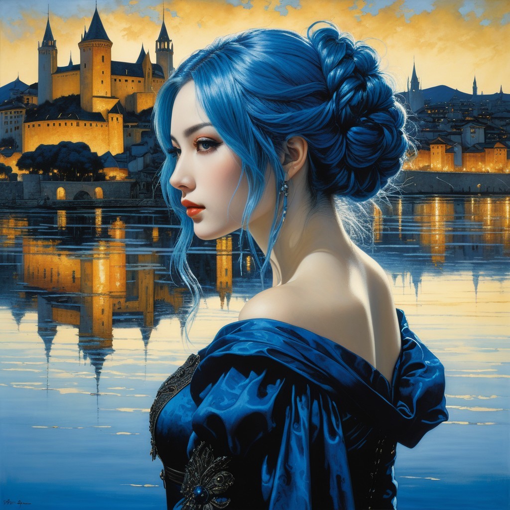 Young Woman with Blue Hair in Twilight Cityscape