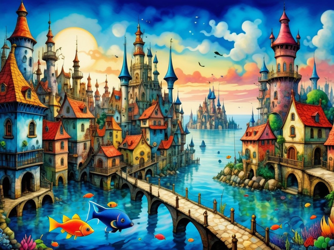 Vibrant Fantasy Landscape with Whimsical City and Water