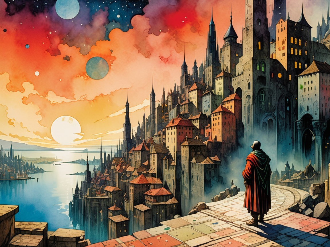 Lone Figure Overlooks Fantastical Cityscape at Dusk