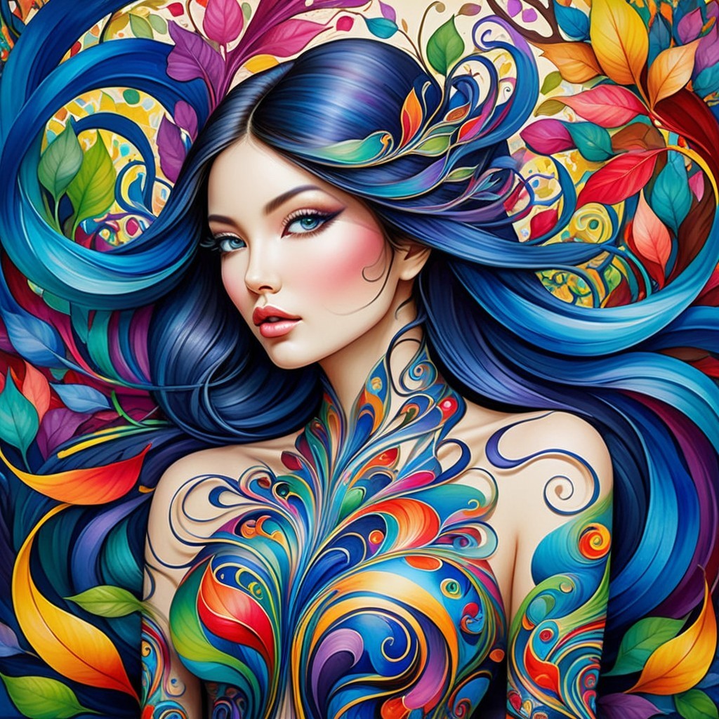 Vibrant Female Figure with Flowing Blue Hair and Leaves