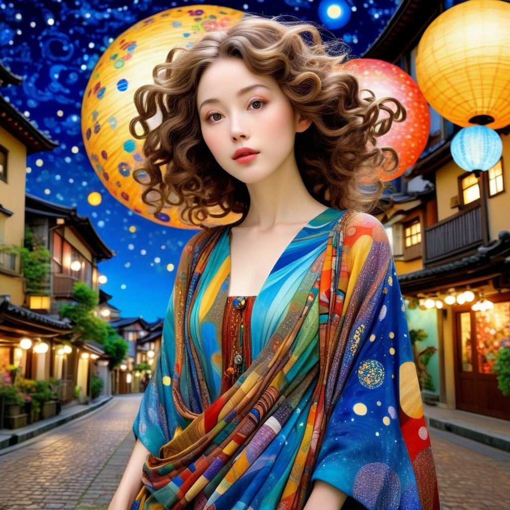 Young woman in colorful cosmic robe under starry sky