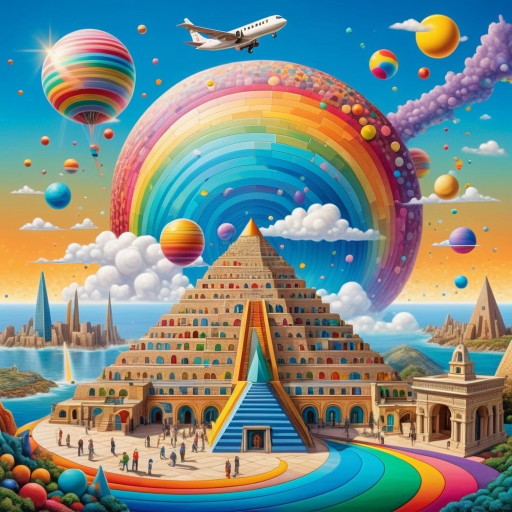Vibrant Dreamlike Landscape with Multicolored Pyramid