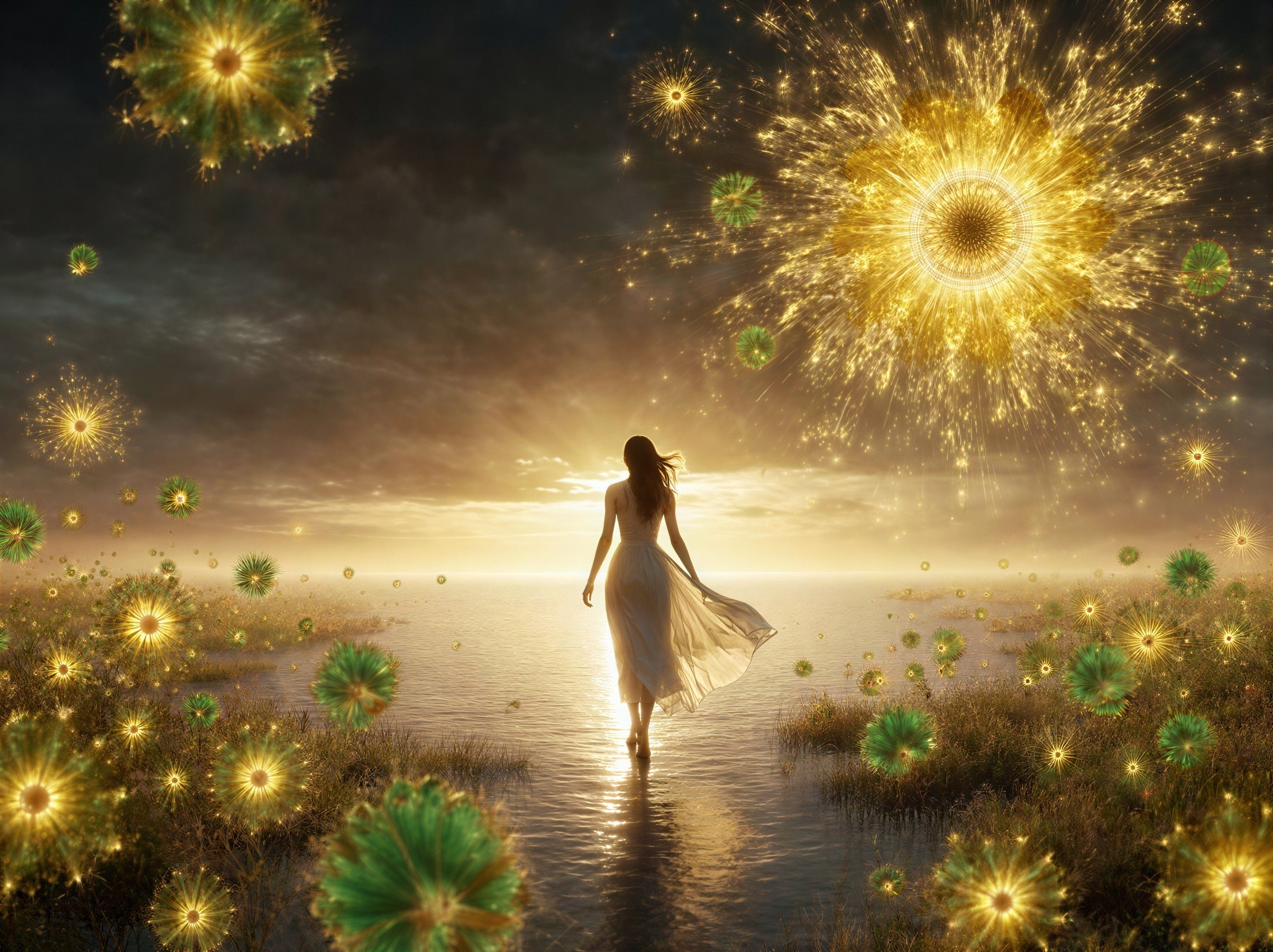 Young Woman in Surreal Landscape at Dusk