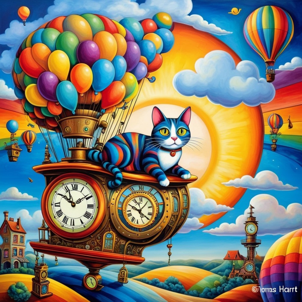 Vibrant Cat on Steampunk Clock in Colorful Sky
