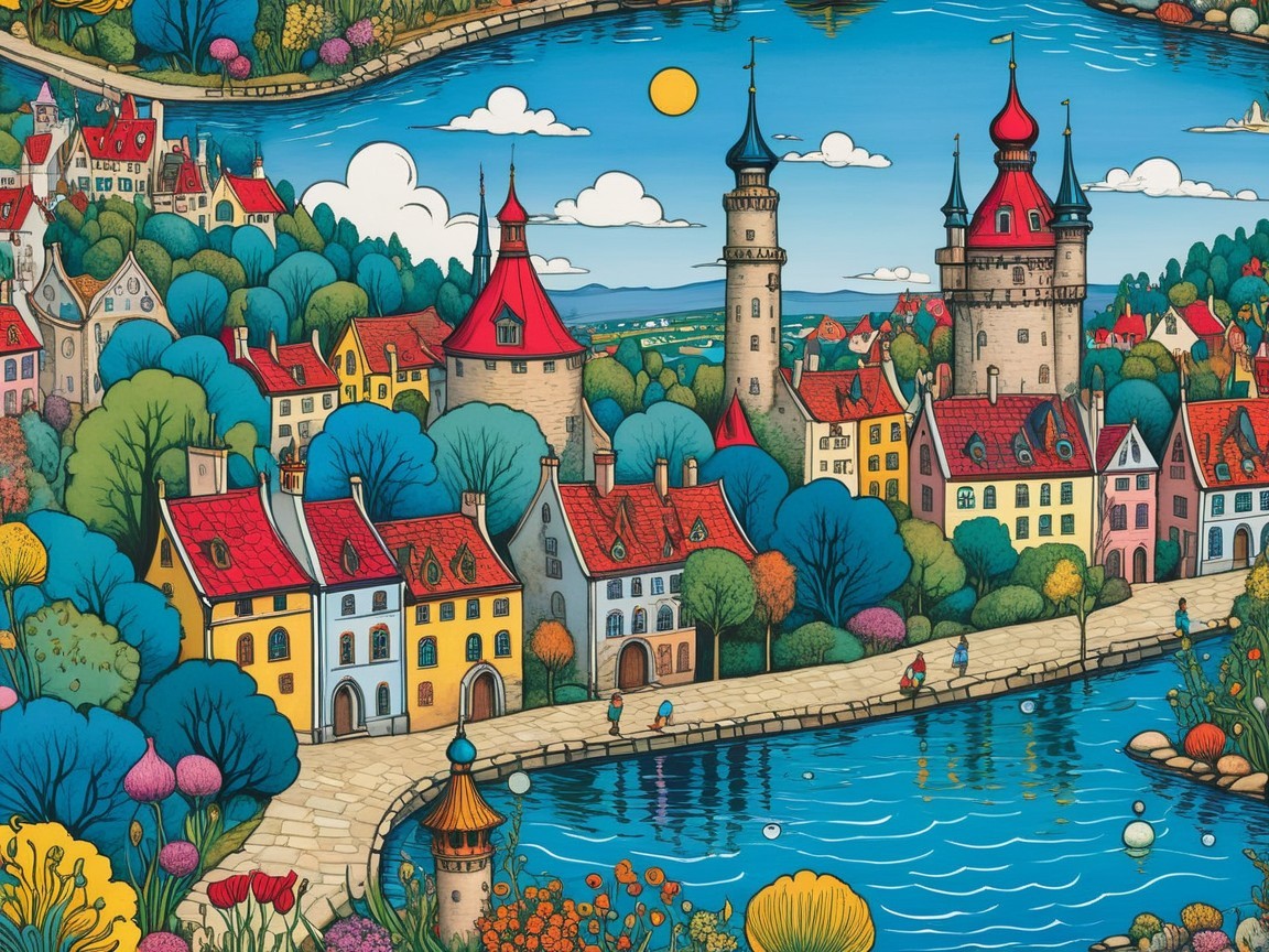Colorful Fairy-Tale Landscape with Charming Houses
