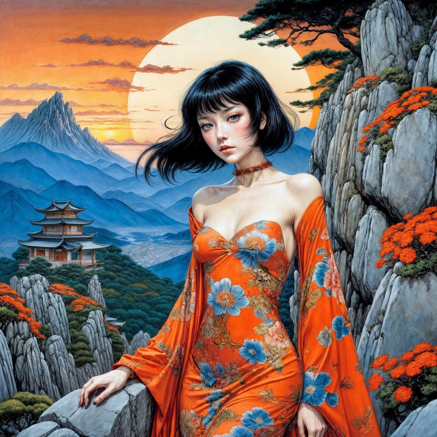 Woman in Orange Gown Against Sunset and Mountains
