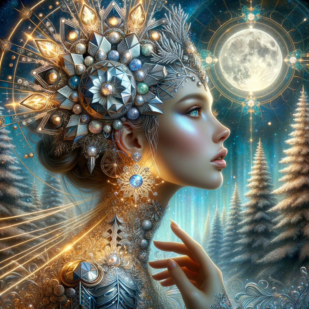 Magical Winter Landscape with Ethereal Figure and Moon