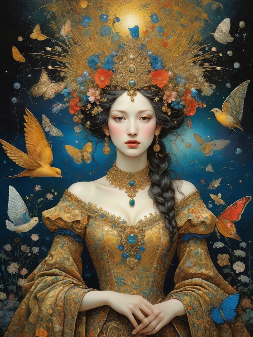 Woman in Golden Gown Surrounded by Birds and Butterflies