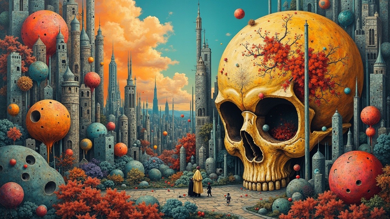 Surreal Landscape with Skyscrapers and Golden Skull