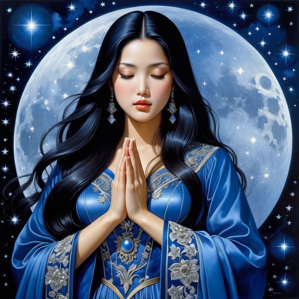 Young Woman in Prayer Under a Full Moon and Stars