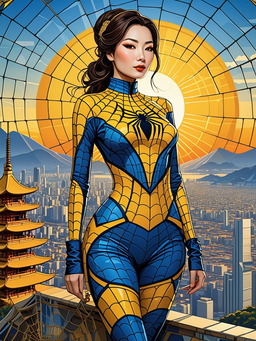 Woman in Spider-Themed Suit with Pagoda Background