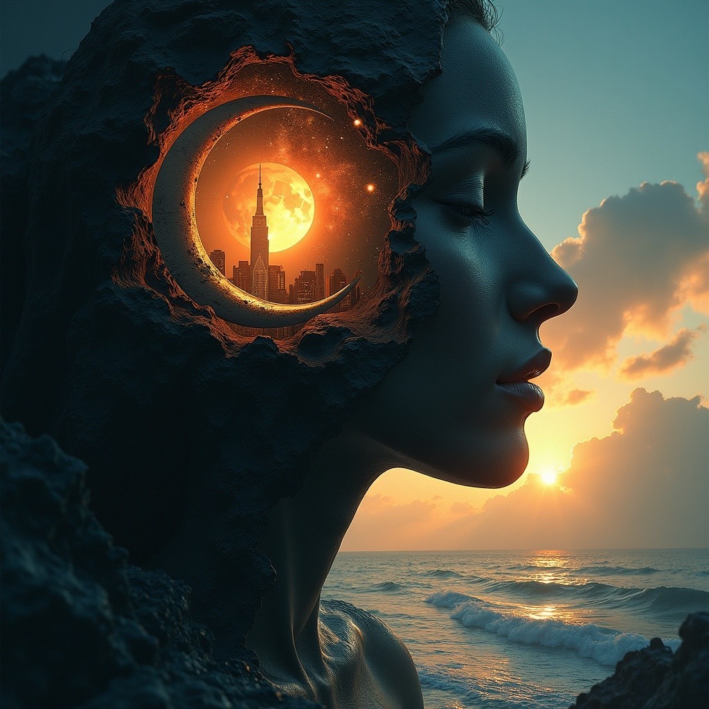 Serene Female Profile with Sunset Cityscape Background