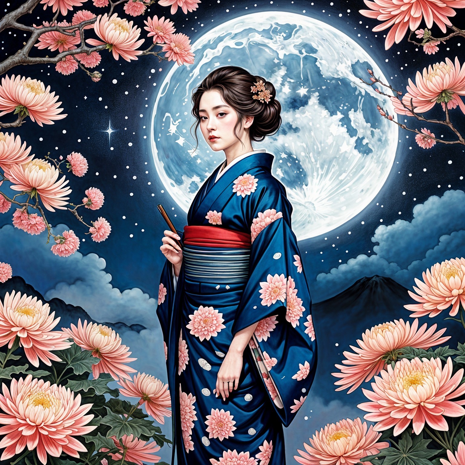 Woman in blue kimono under full moon with flowers