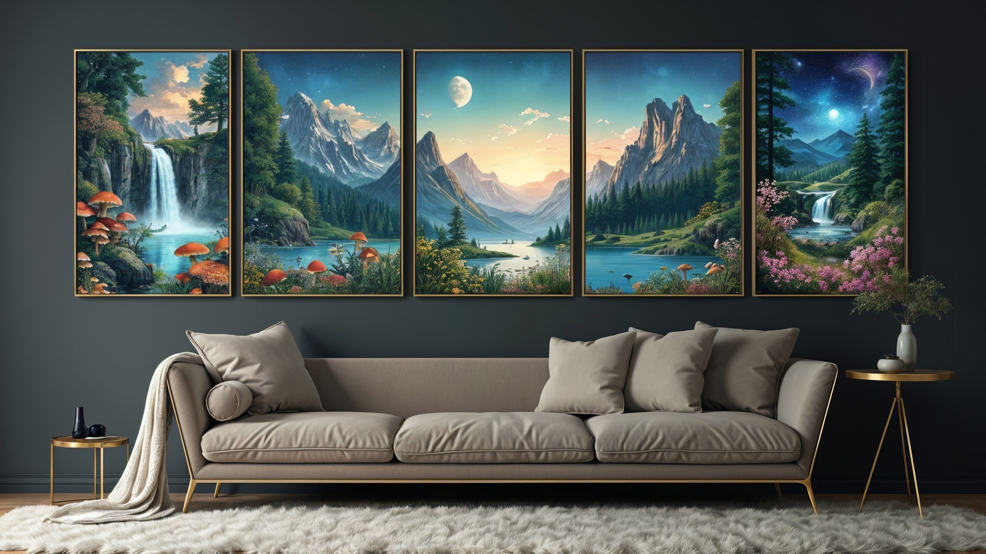 Serene Living Room with Framed Landscape Paintings