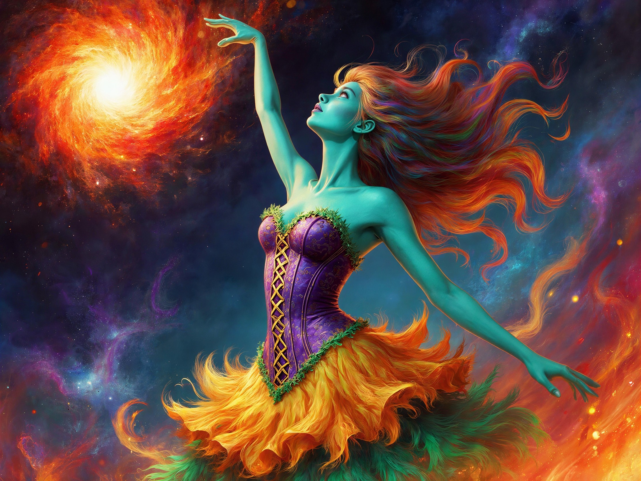 Vibrant Digital Painting of Woman with Teal Skin