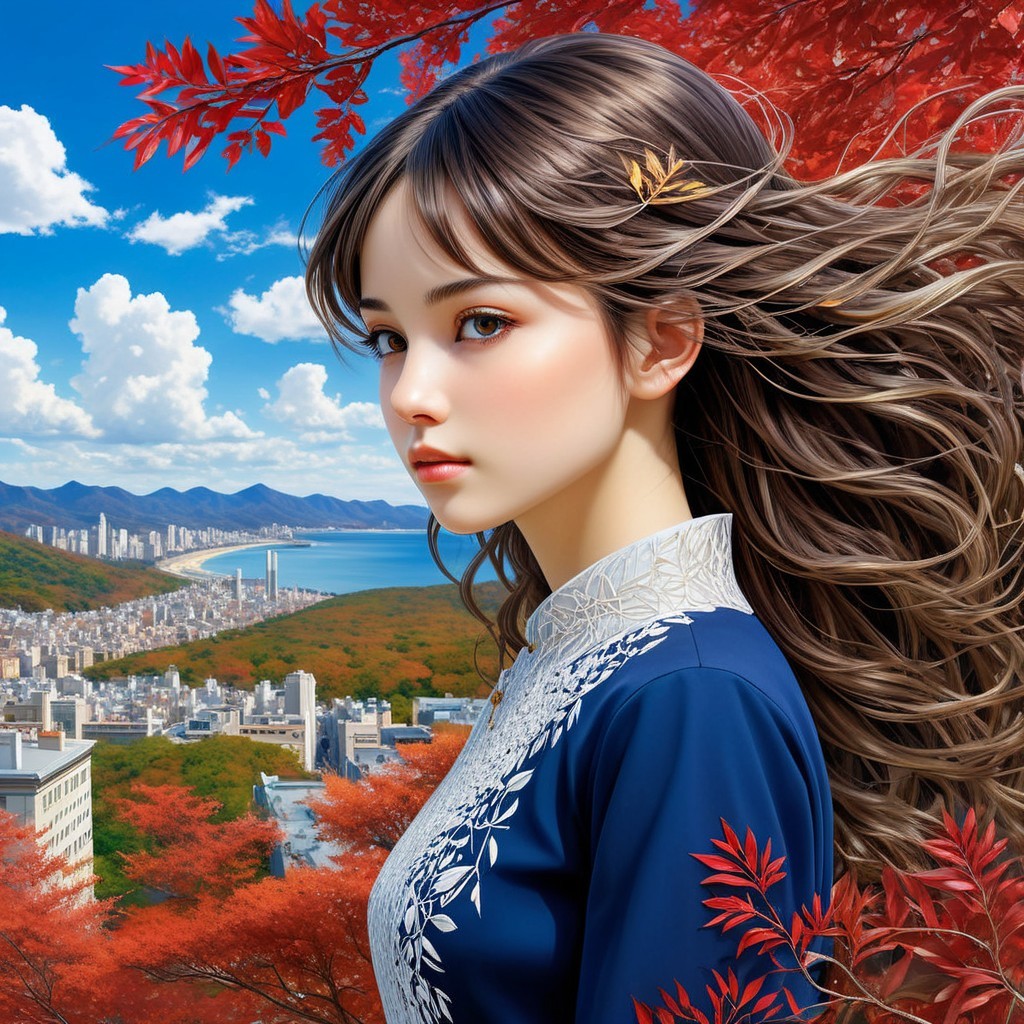 Young Woman in Traditional Blue Outfit Amid Autumn Foliage