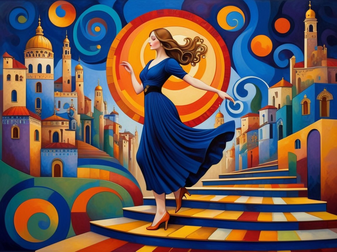 Woman in Blue Dress Walking Up Colorful Staircase