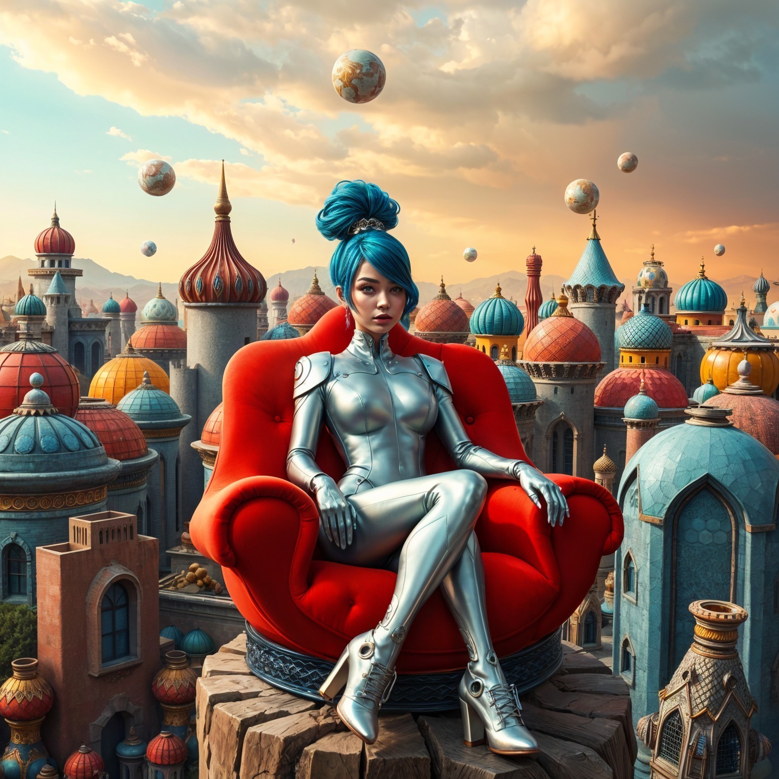 Futuristic woman in silver suit on rocky outcrop