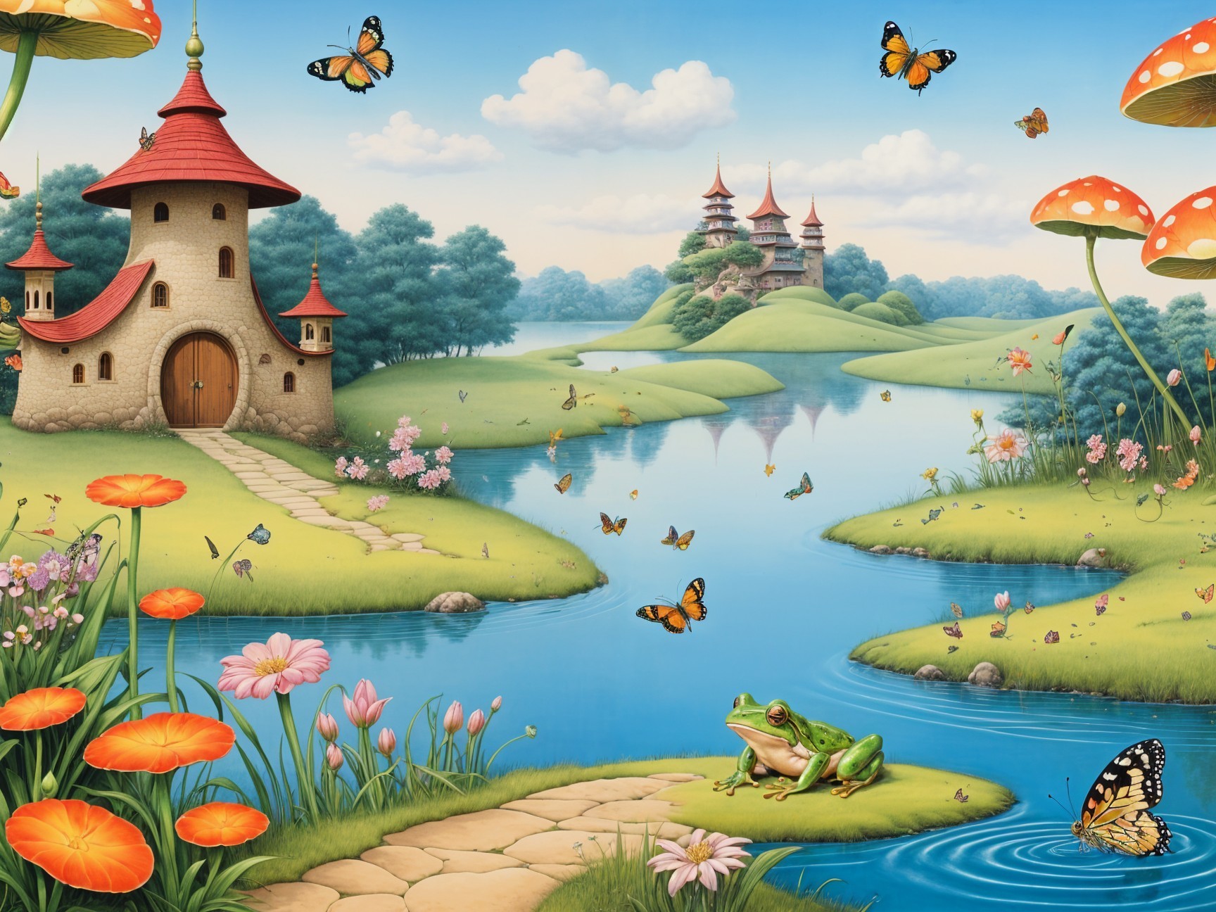 Whimsical Landscape with Stone House and River