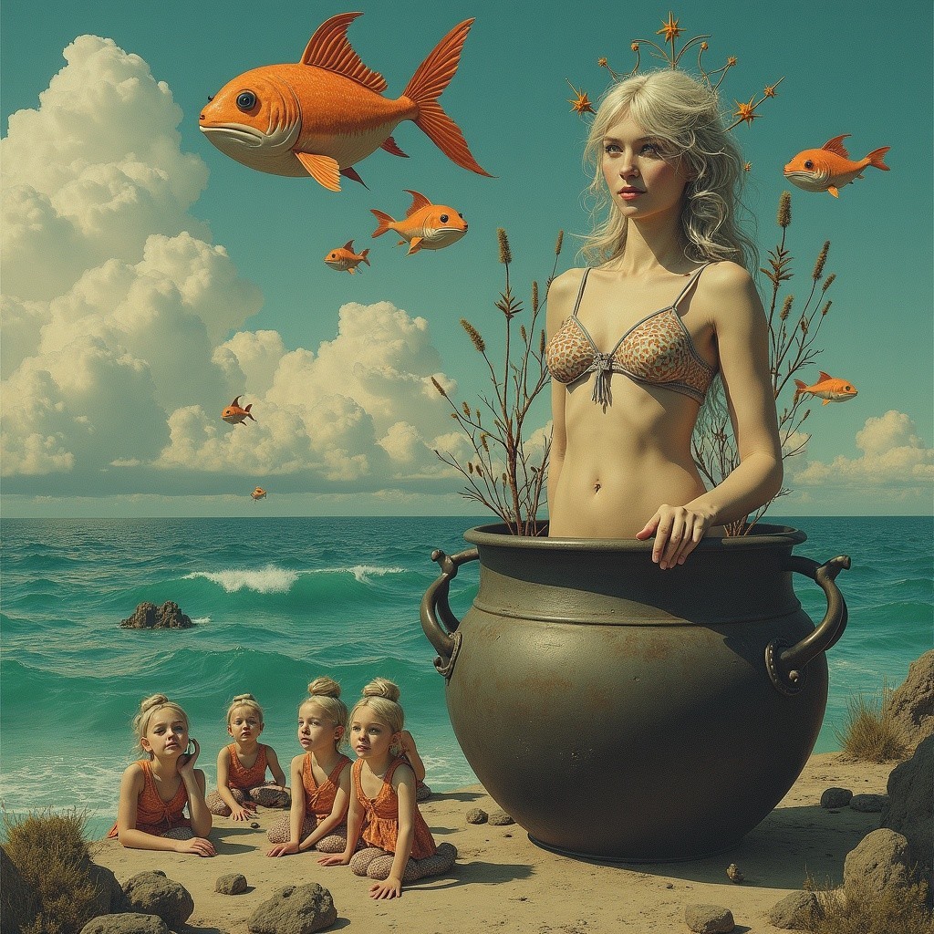 Whimsical Ocean Scene with Young Woman and Goldfish
