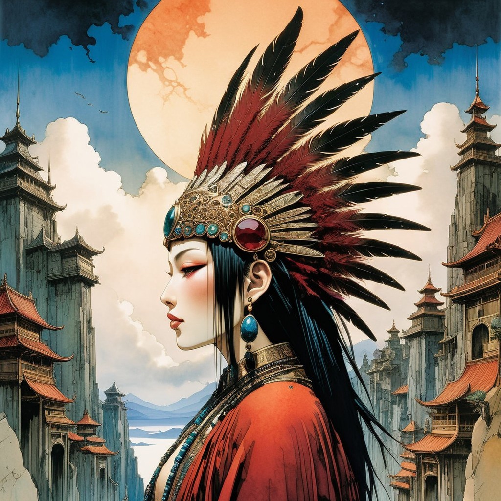 Regal figure in profile with elaborate headdress and moon