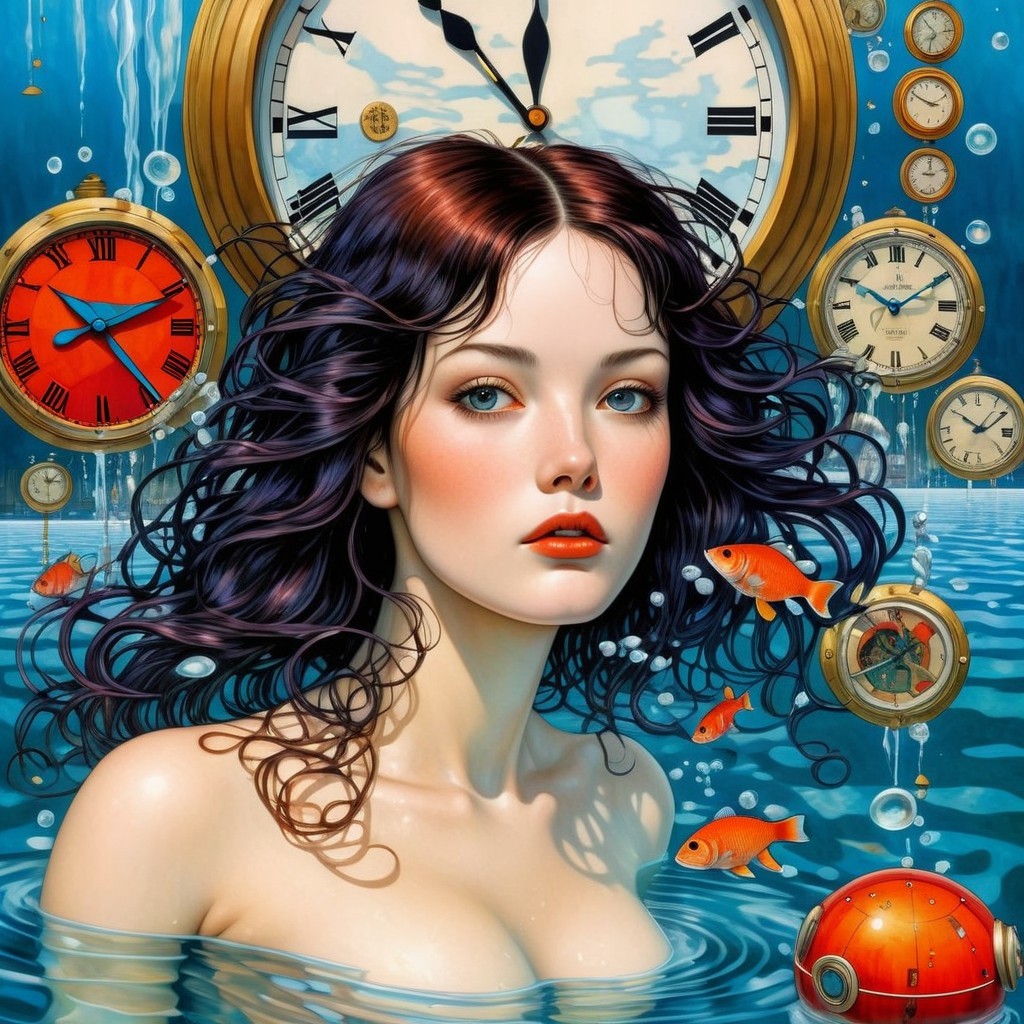 Serene Woman in Water Surrounded by Clocks and Fish