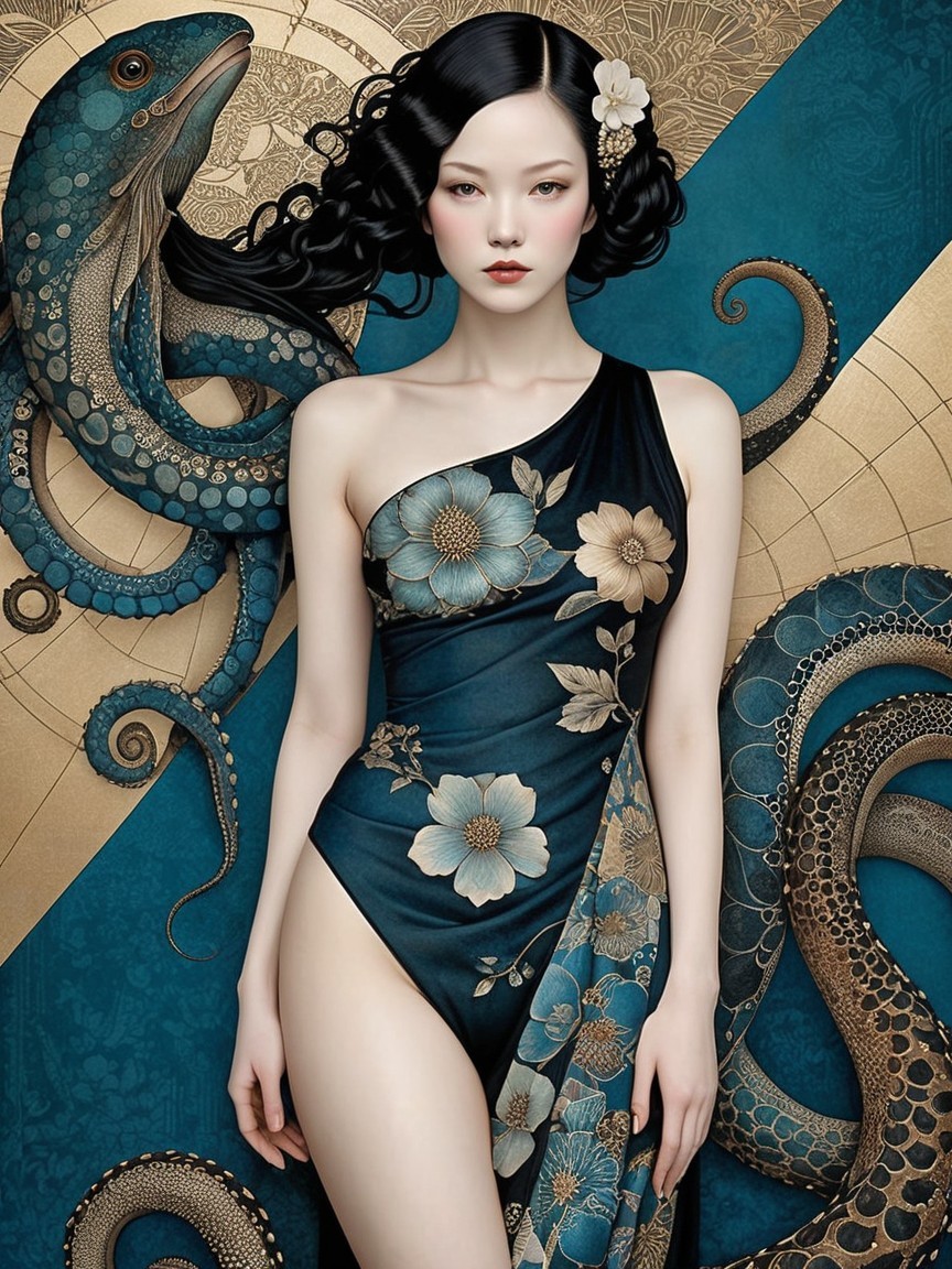 Elegant Figure in Dark Blue Garment with Sea Creatures