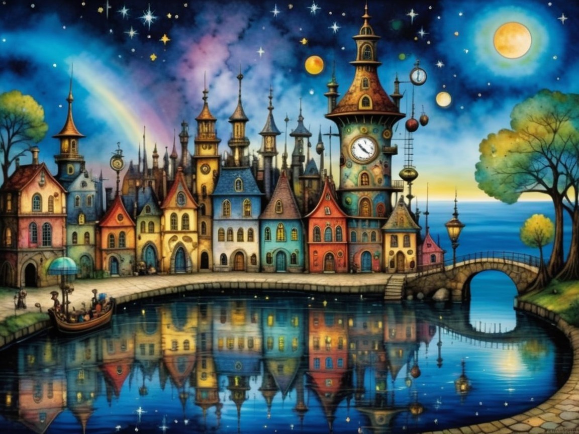 Colorful Cityscape Reflected in Serene Water