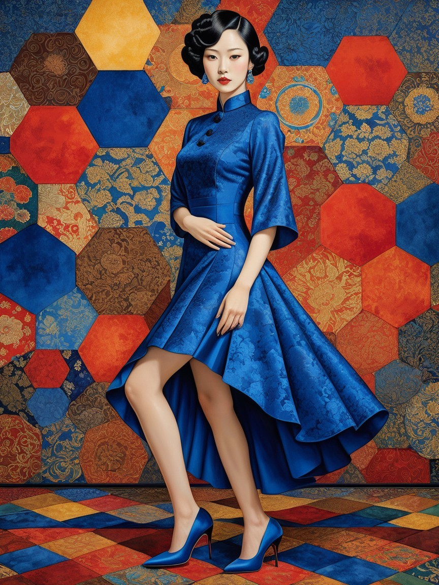 Model in a Vibrant Blue Dress with Elegant Details