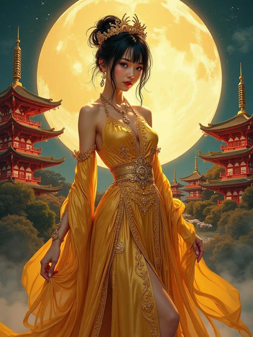 Elegant figure in golden gown by luminous full moon