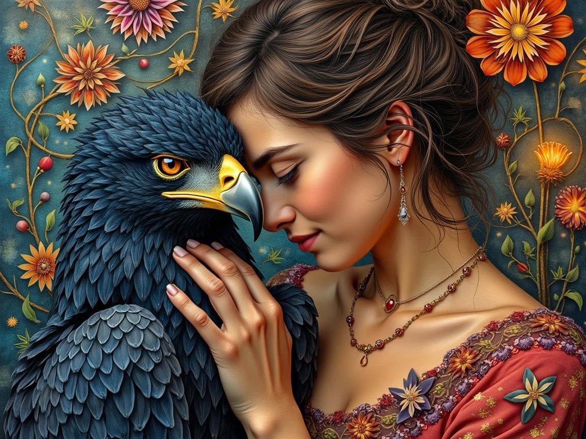 Portrait of a Woman with an Eagle and Floral Background