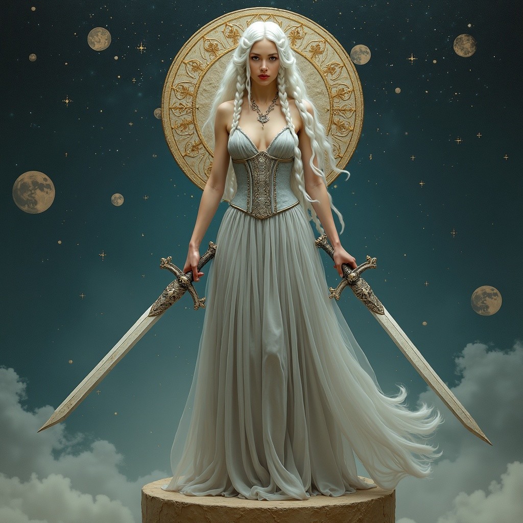 Celestial figure in silver gown with ornate swords