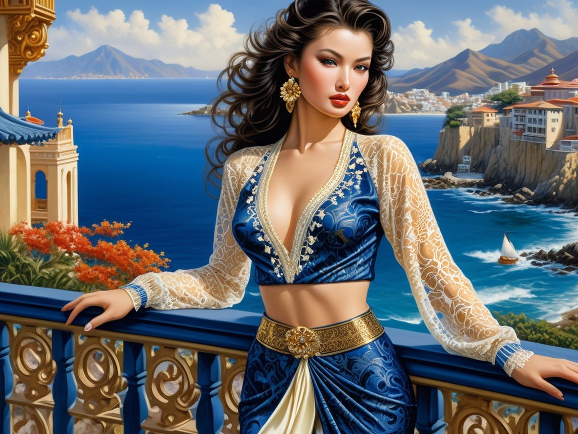 Stylish Woman on Balcony Overlooking Coastal Landscape