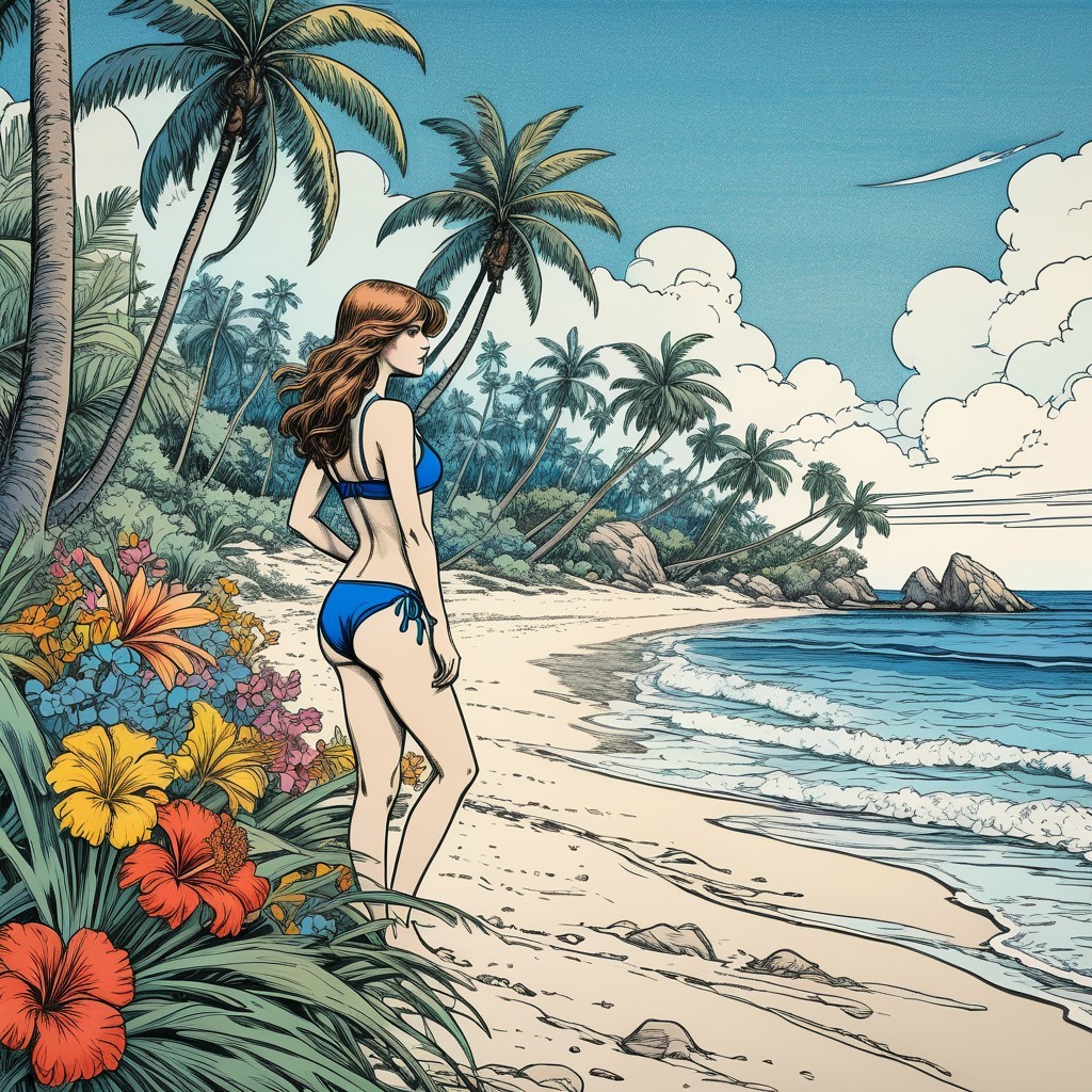Serene beach scene with woman in blue bikini
