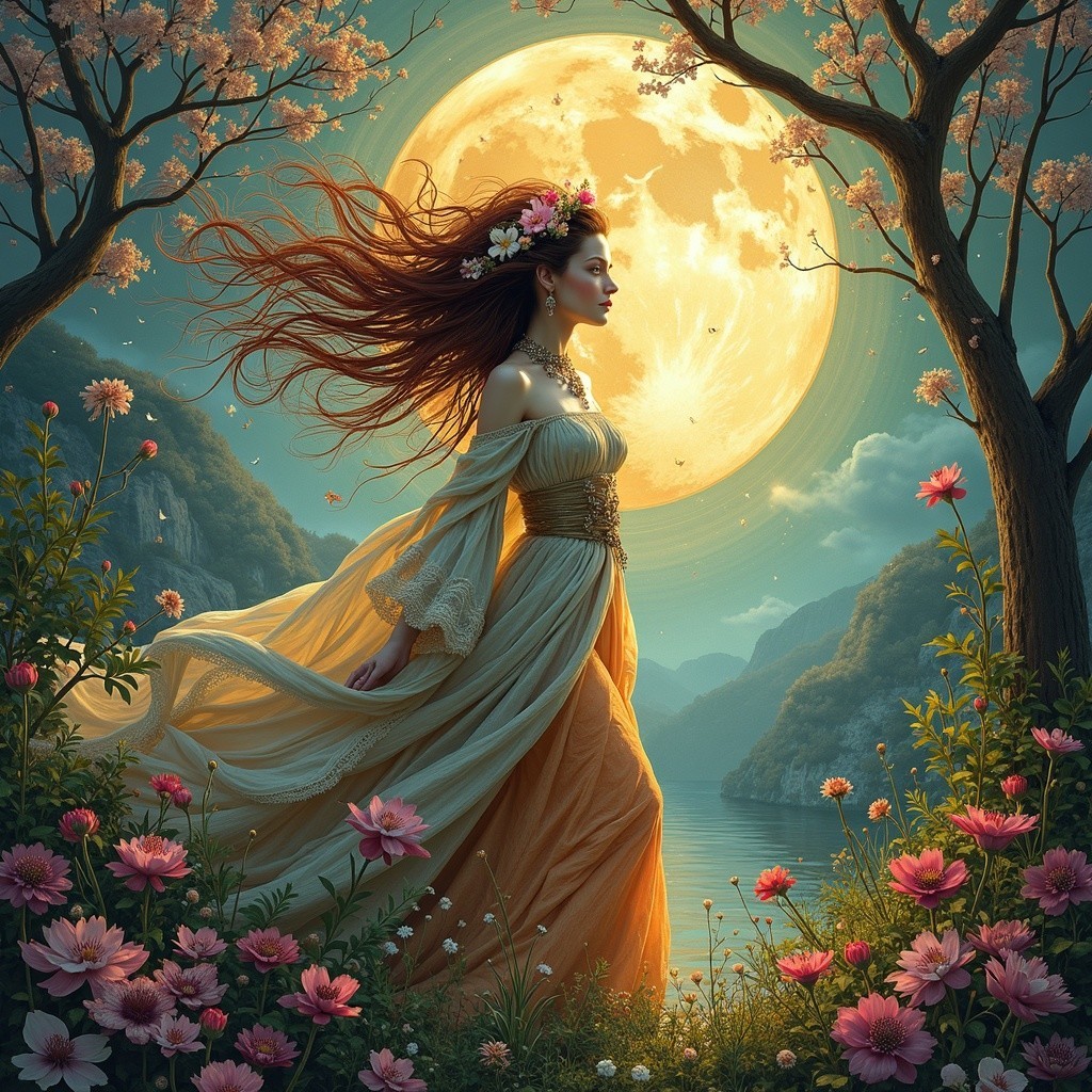 Serene Woman by Tranquil Lake with Floral Gown