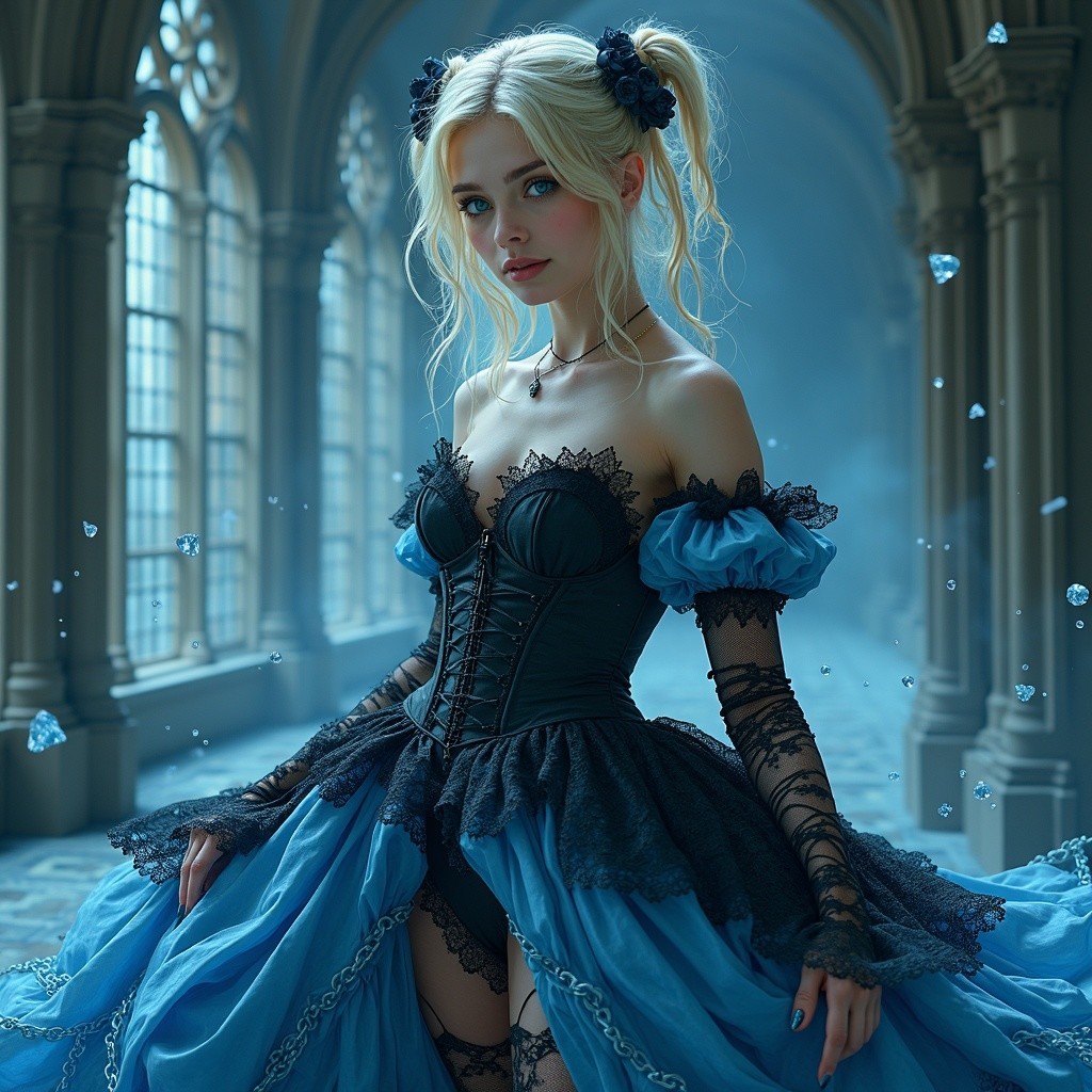 Elegant young woman in blue gown in grand hall