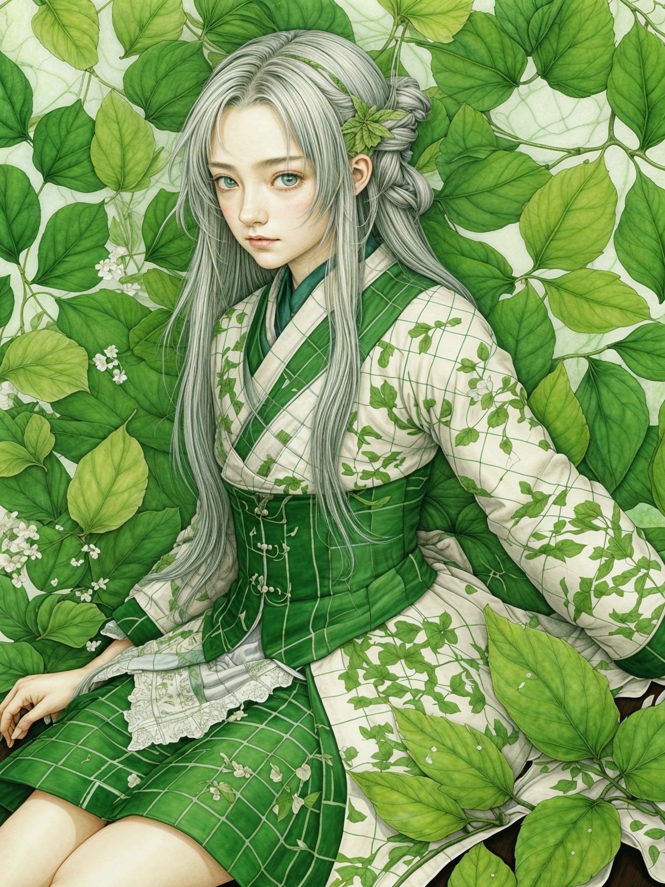 Young woman in traditional outfit among green leaves