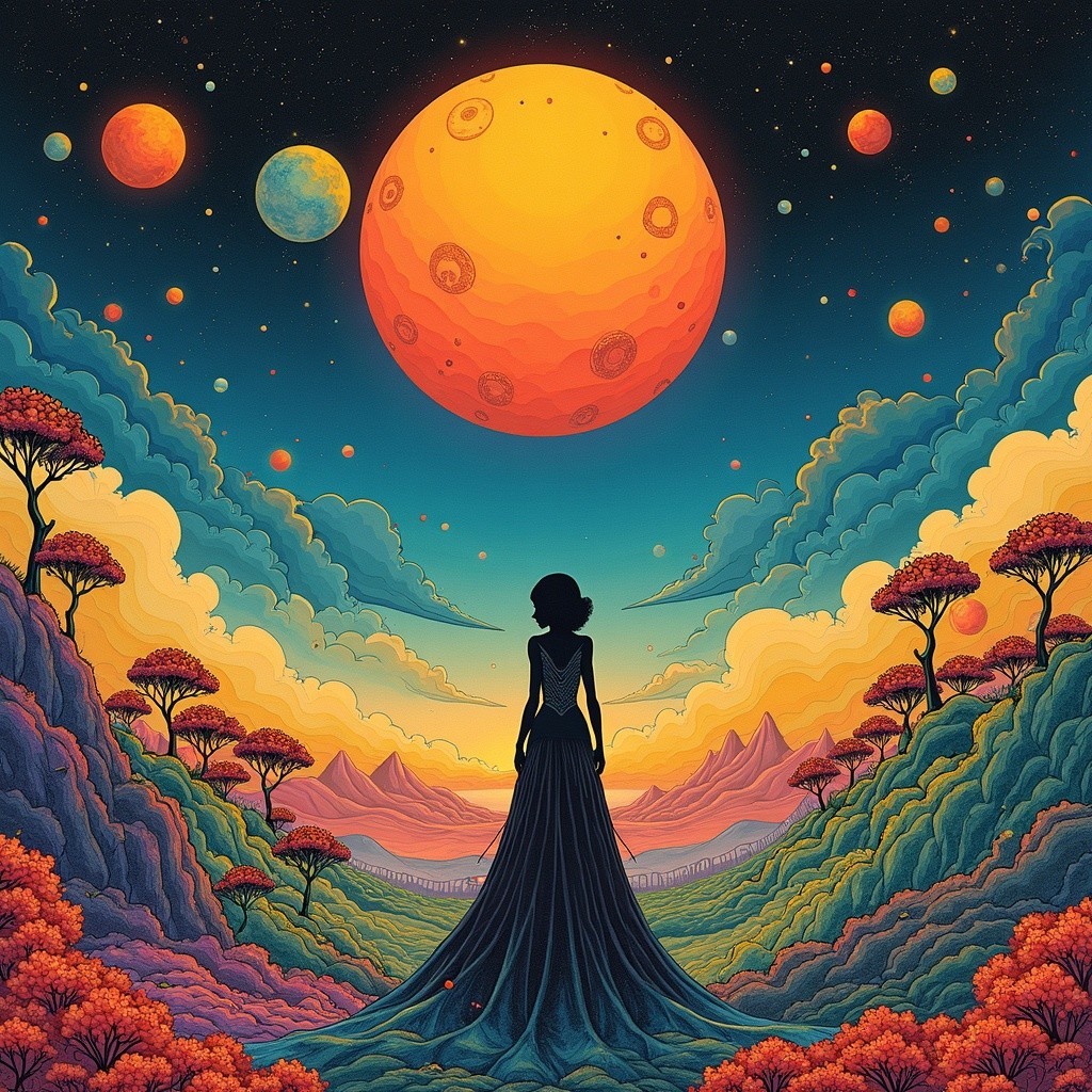 Silhouette in a Vibrant Surreal Landscape with Celestial Bodies
