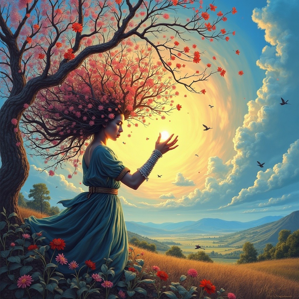 Woman in Floral Headdress with Glowing Orb at Sunset