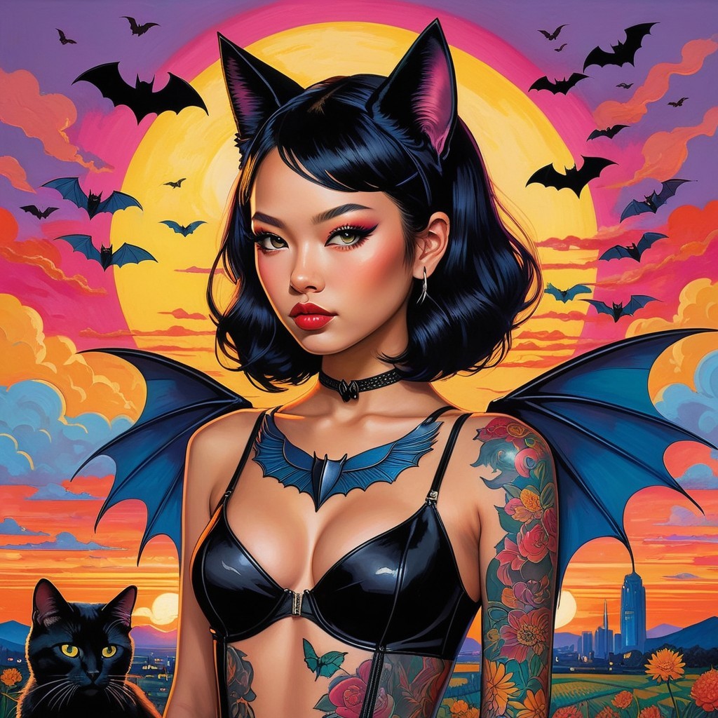 Black Winged Figure with Cat Ears at Sunset