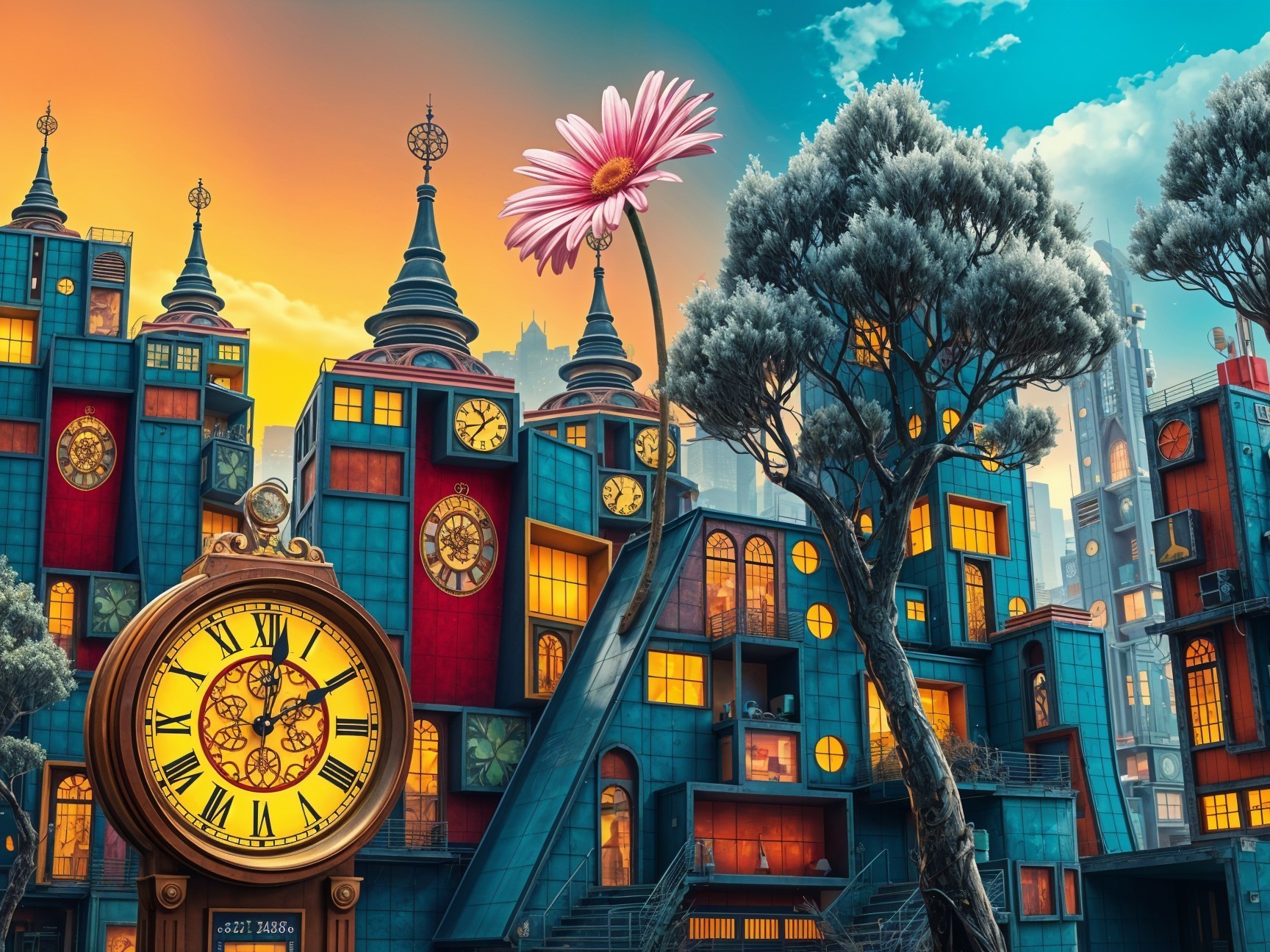 Whimsical Cityscape with Colorful Buildings and Clocks