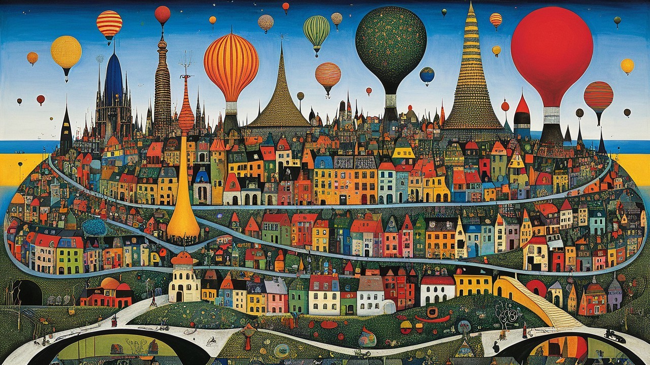 Vibrant Cityscape with Colorful Buildings and Balloons