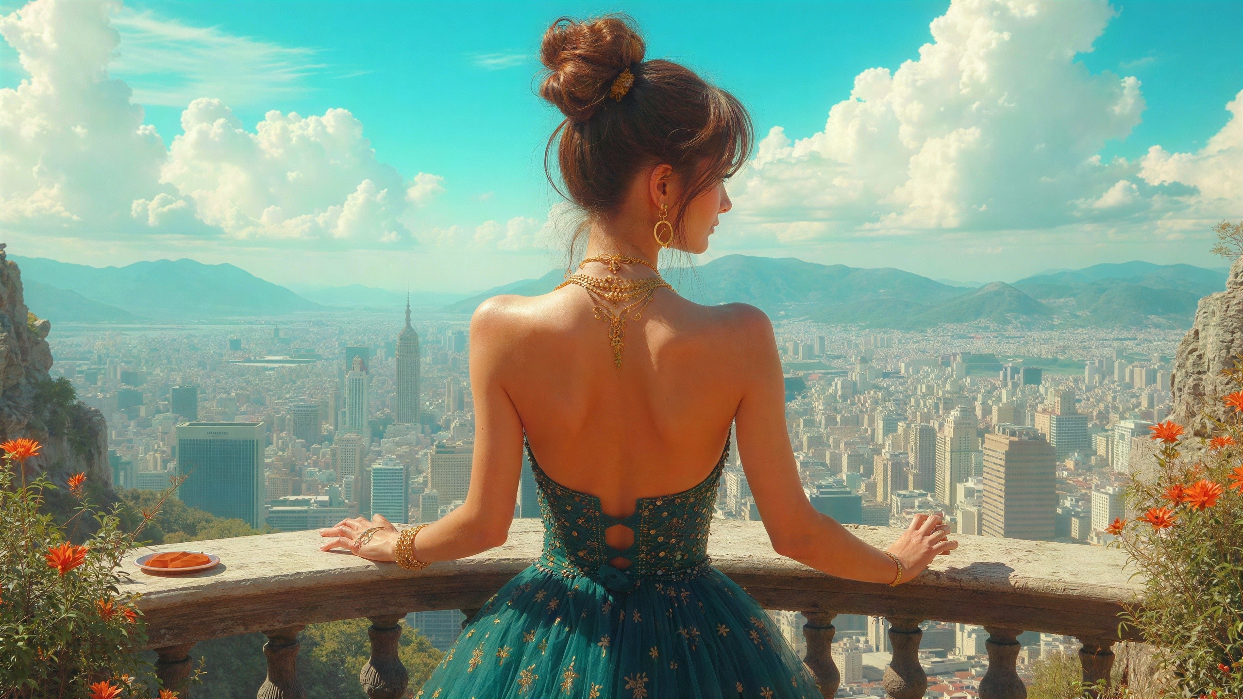 Woman in teal dress on balcony with cityscape view
