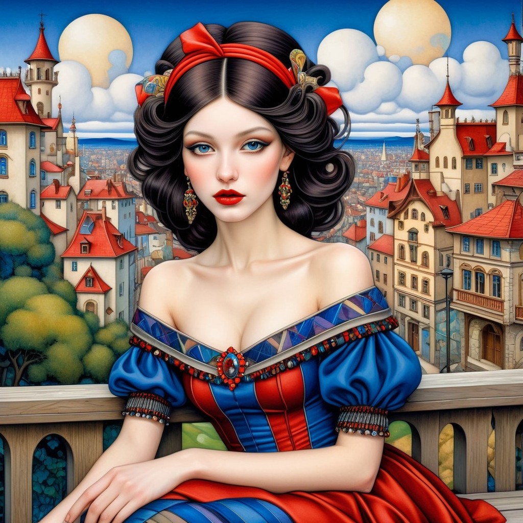 Stylized Young Woman in Vibrant Dress with Landscape
