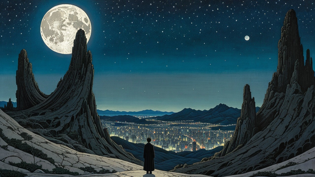 Solitary Figure on Ledge Under Full Moon and Stars