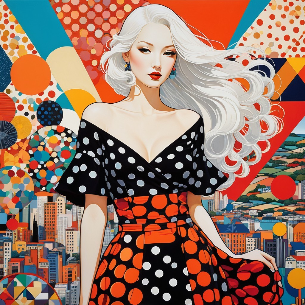 Woman with White Hair in Bold Polka Dot Dress