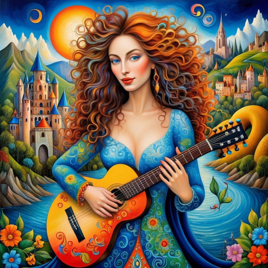 Vibrant Painting of Woman with Guitar in Whimsical Landscape