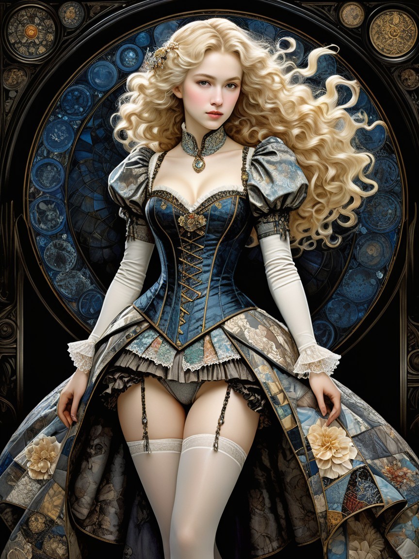 Young Woman in Ornate Blue Gown with Stained Glass Background