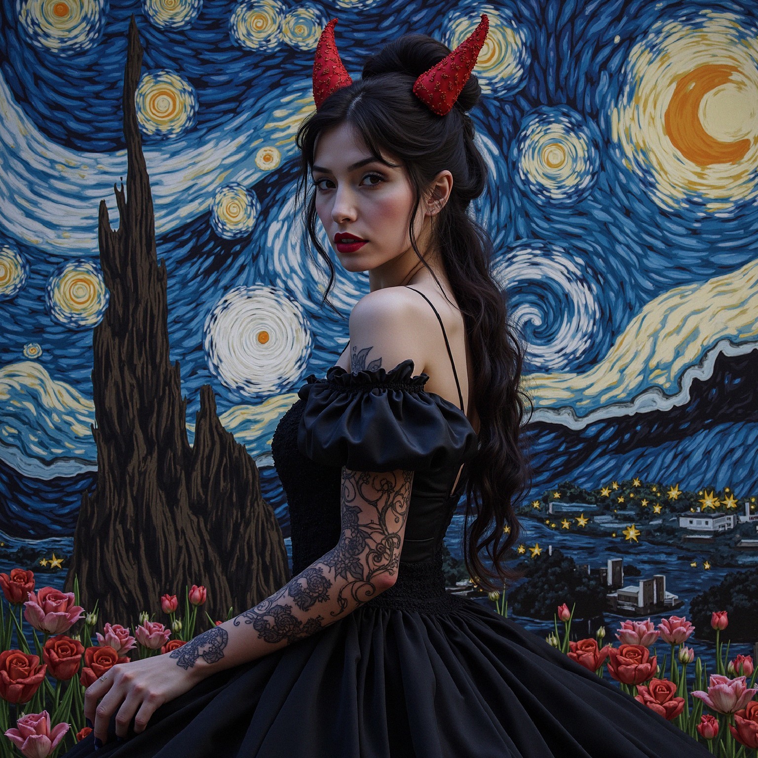 Young woman in black dress with starry night backdrop